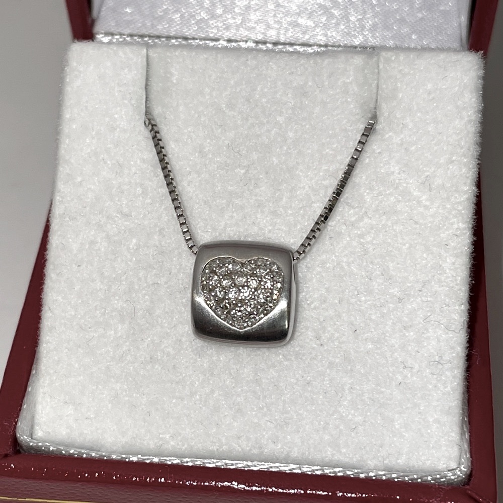 Solid Stamped 18K (not 14K ) White Gold Diamond Pave Modern Heart Necklace